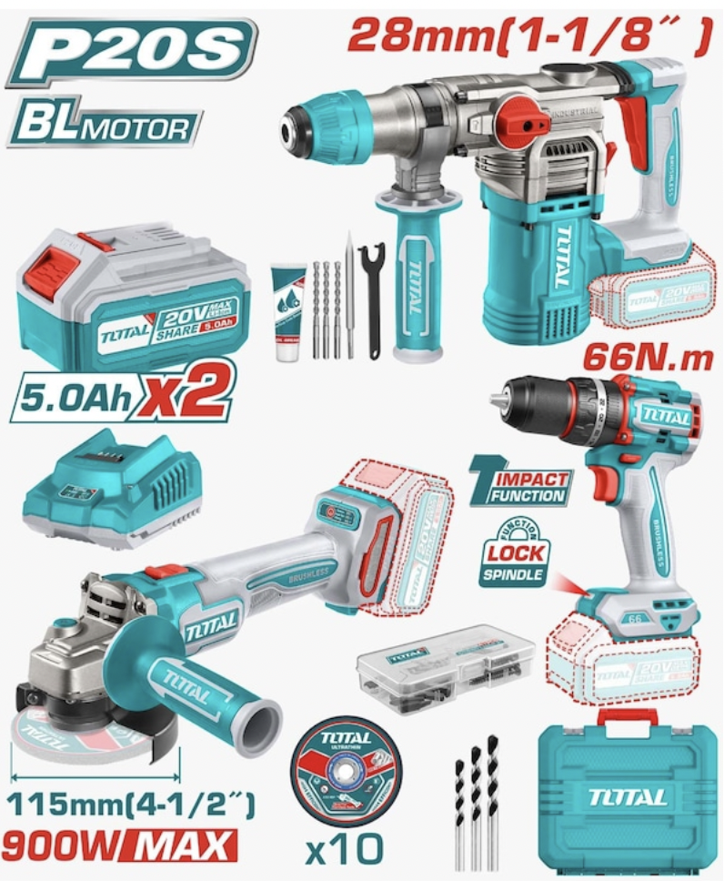 Total TOSLI241183E 3'lü Set Akülü Kırıcı Delici + Taşlama + Vidalama Makinesi