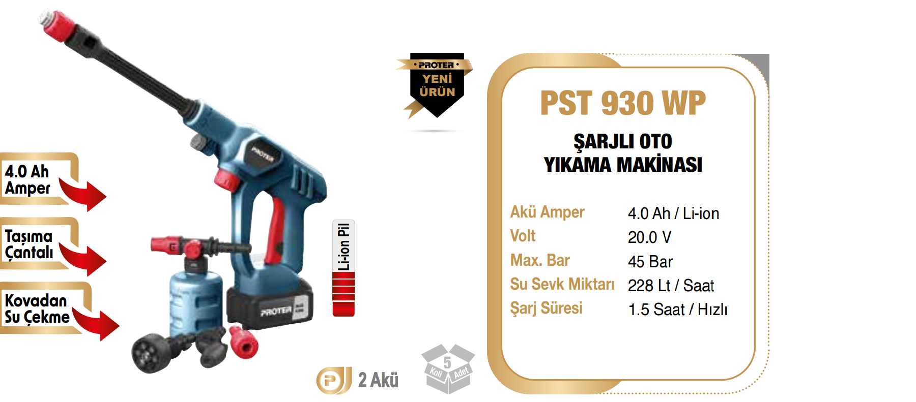 Proter PST 930 WP Şarjlı Oto Yıkama Makinası 4.0 Ah