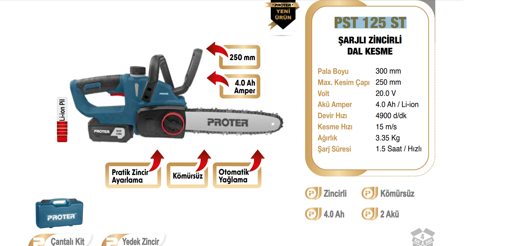 Proter PST 125 ST Şarjlı Zincirli Dal Kesme 20V 4.0Ah
