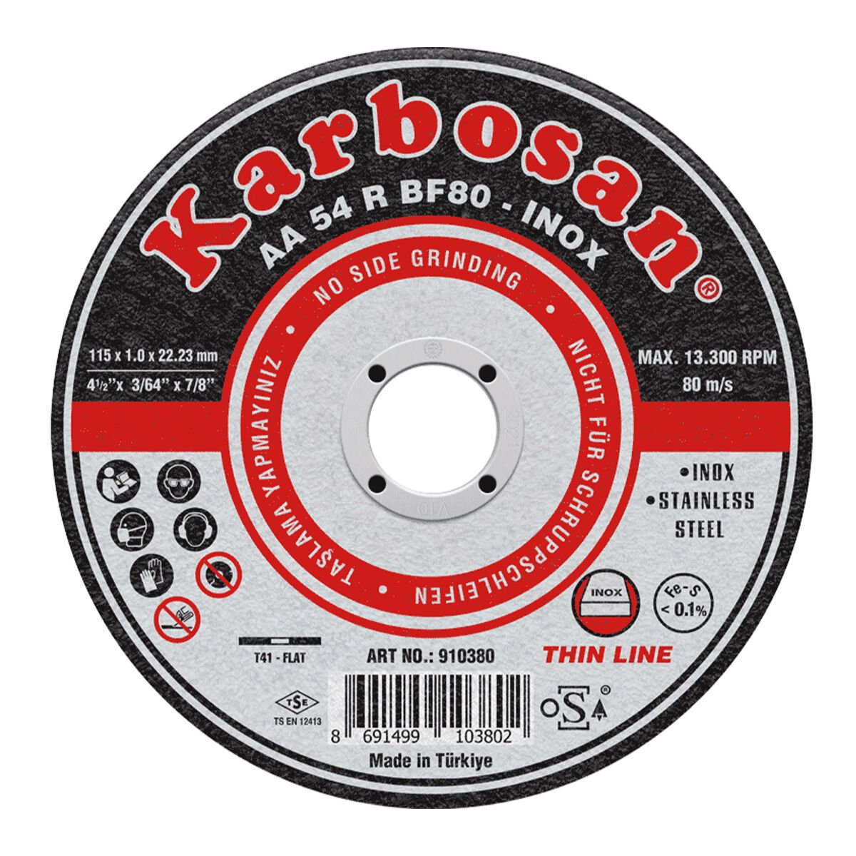 Karbosan 910380 AA 54 R BF80 Metal Kesme Diski Inox 115x1.0x22.23mm
