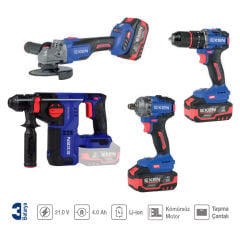 EXEN EN 404 SET Şarjlı Matkap, Avuç Taşlama, Somun Sökme Ve Kırıcı-Delici 4'lü Set 21V 4.0 Ah