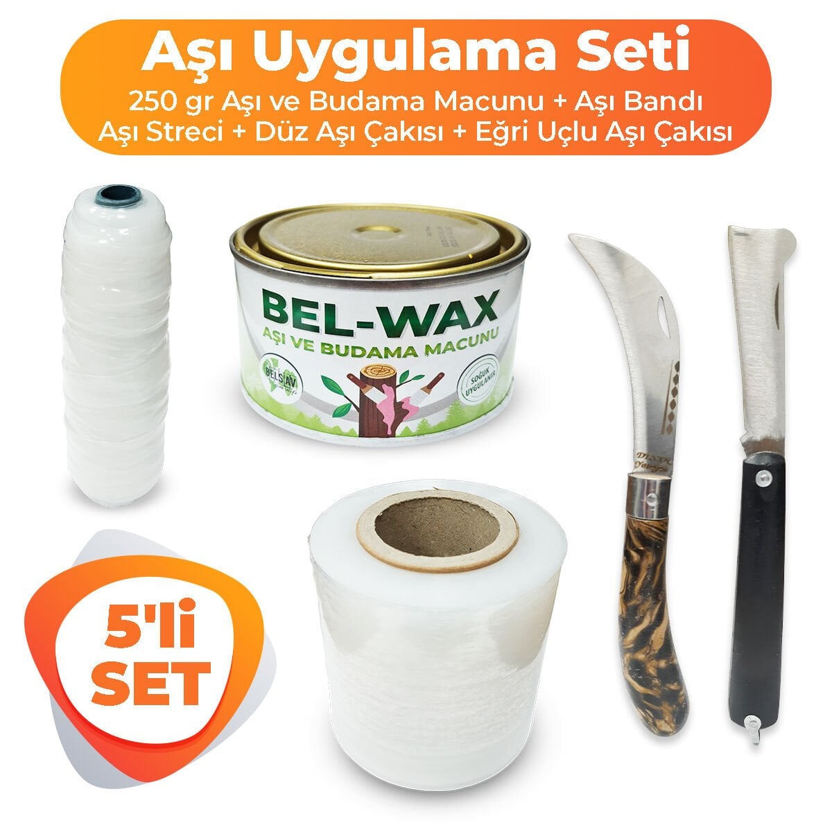 ZARGANA 5'li Ağaç Aşılama Seti Aşı Uygulama Seti Aşı Macunu, Aşı Bandı, Eğri ve Düz Uçlu Aşı Çakısı