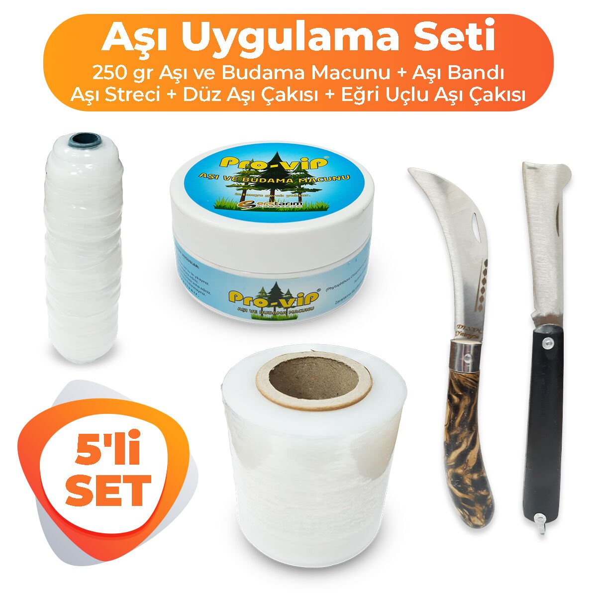 ZARGANA 5'li Ağaç Aşılama Seti Aşı Uygulama Seti Aşı Macunu, Aşı Bandı, Eğri ve Düz Uçlu Aşı Çakısı
