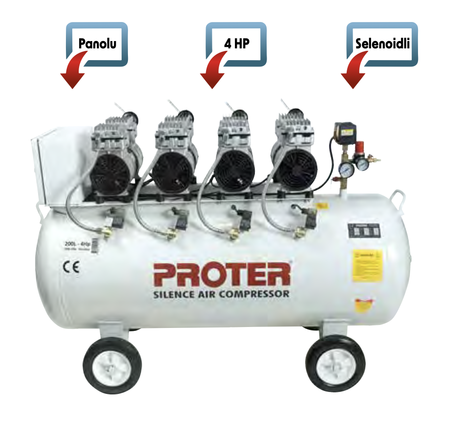 Proter PR204S Sessiz-Yağsız Hava Kompresörü 200 Lt - 4 Hp