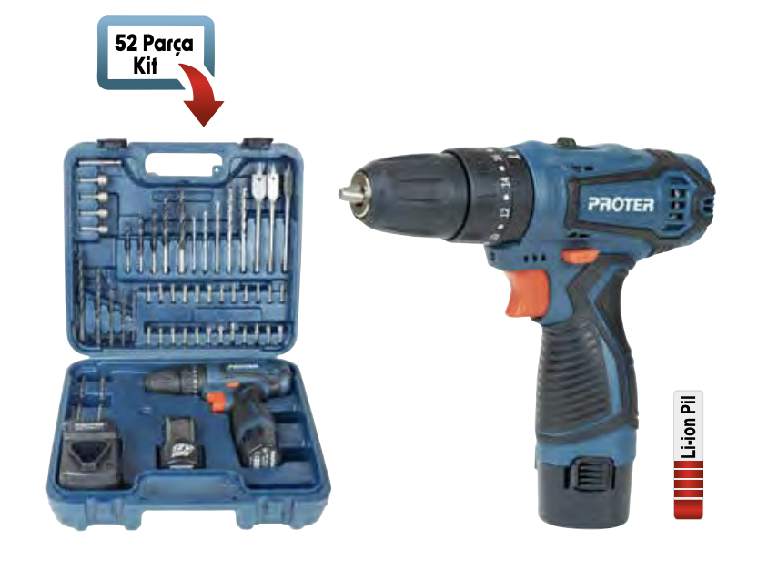 Proter  PS352 Kit Şarjlı Vidalama 52 Parça Set